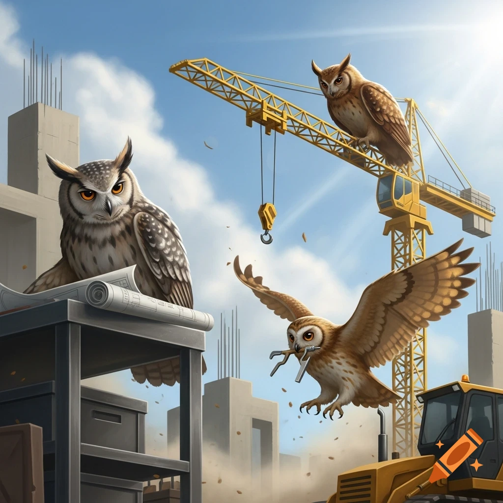 Three owls at a construction site, one on a crane, one flying with tools, and one reviewing blueprints on a table.