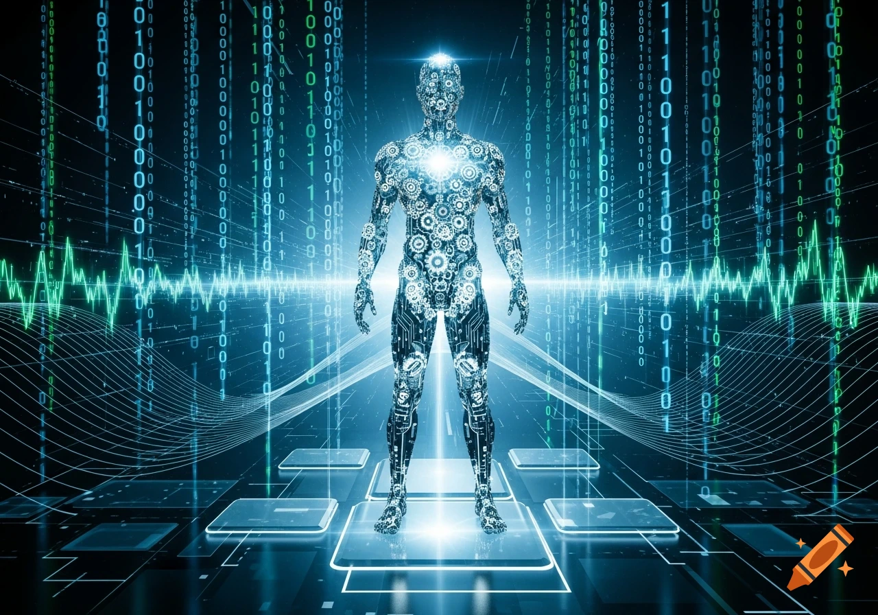 A glowing humanoid figure made of gears and circuits stands in a digital world of binary code and green waveforms.