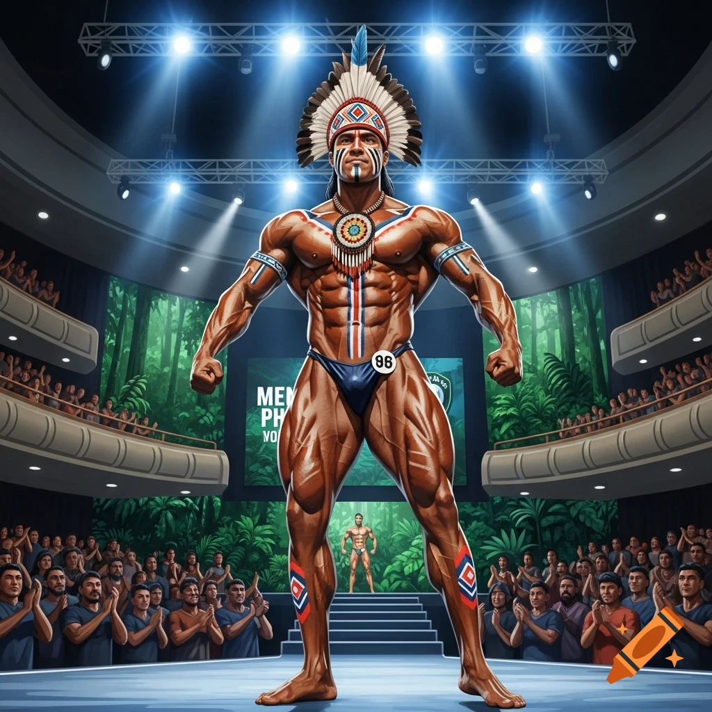 Muscular indigenous man wearing a headdress and posing briefs on a stage under spotlights in a bodybuilding competition, with a blurred audience and jungle background.