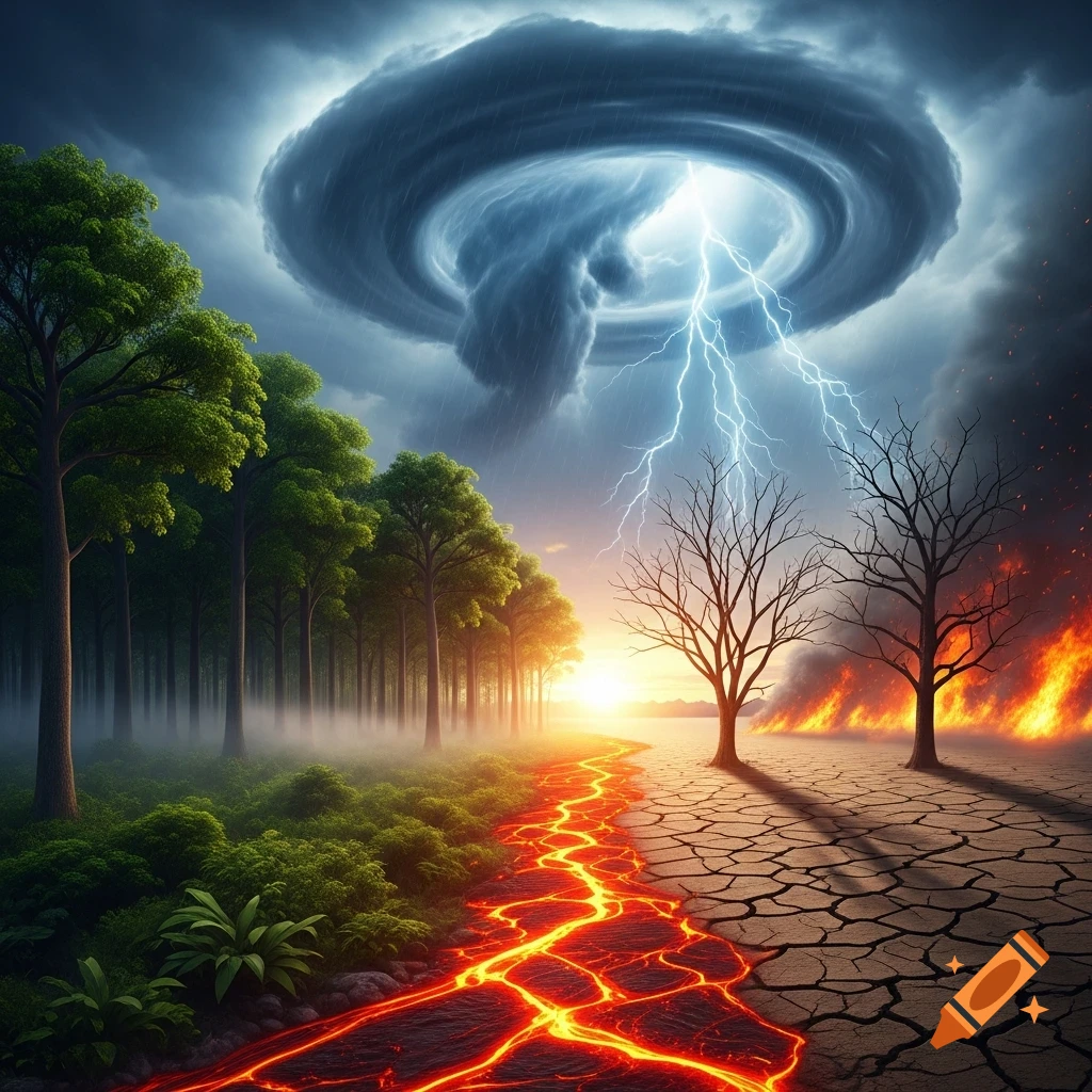 Photorealistic landscape: vibrant forest, flowing lava, cracked earth, wildfires, and a stormy sky with lightning and a swirling cloud.