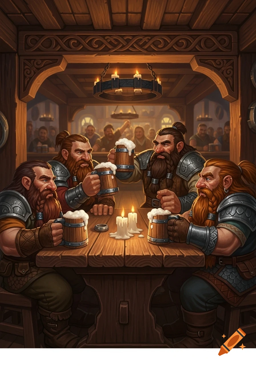 Four burly dwarves with beards and armor drink ale at a wooden table in a dimly lit fantasy tavern.