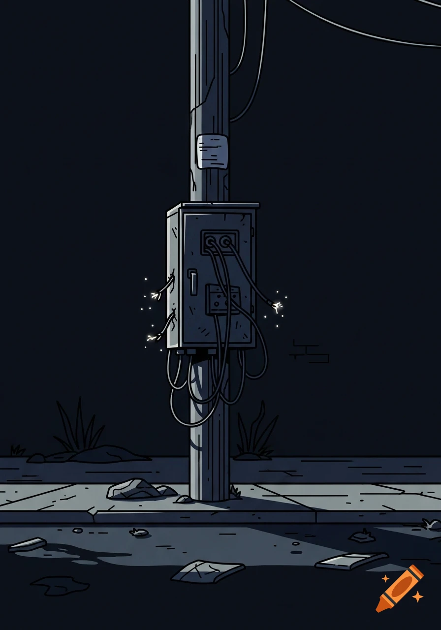A stylized graphic novel illustration of a public electrical box on a pole at night with exposed, sparking wires and debris on the dark street.
