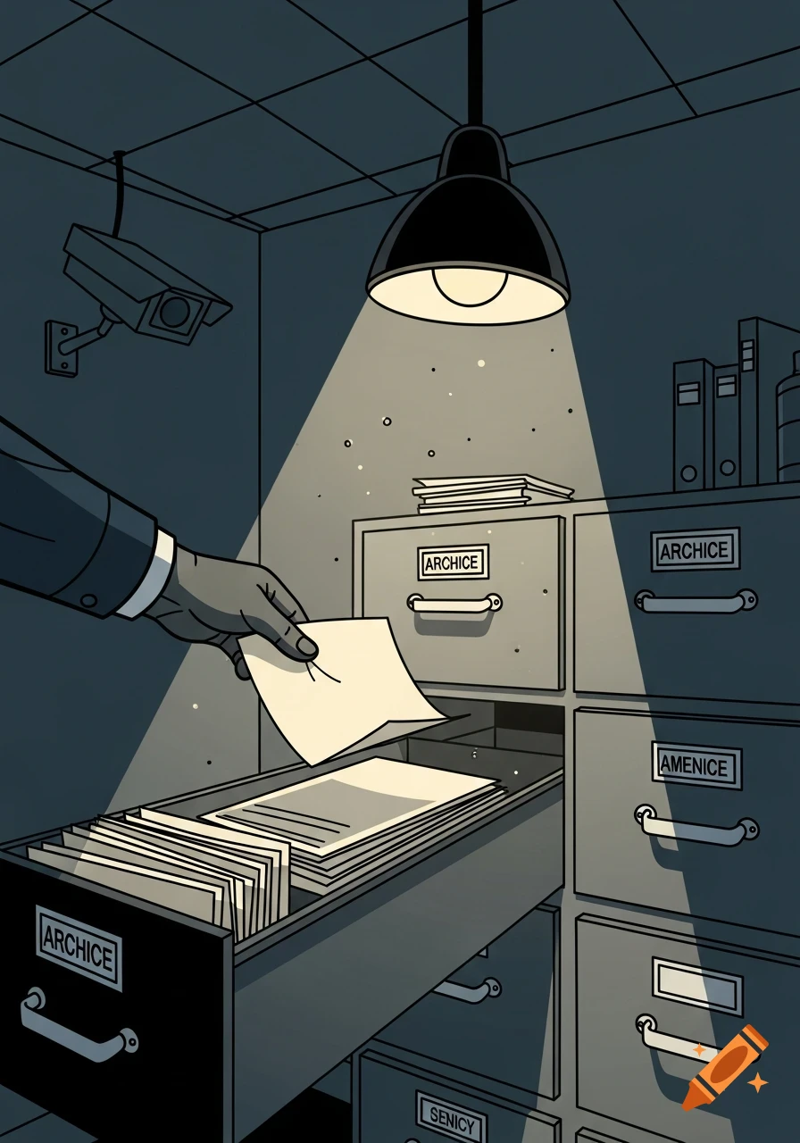 A gloved hand secretly places a document into an open filing cabinet in a dim, surveillance-equipped room, drawn in a graphic novel style.