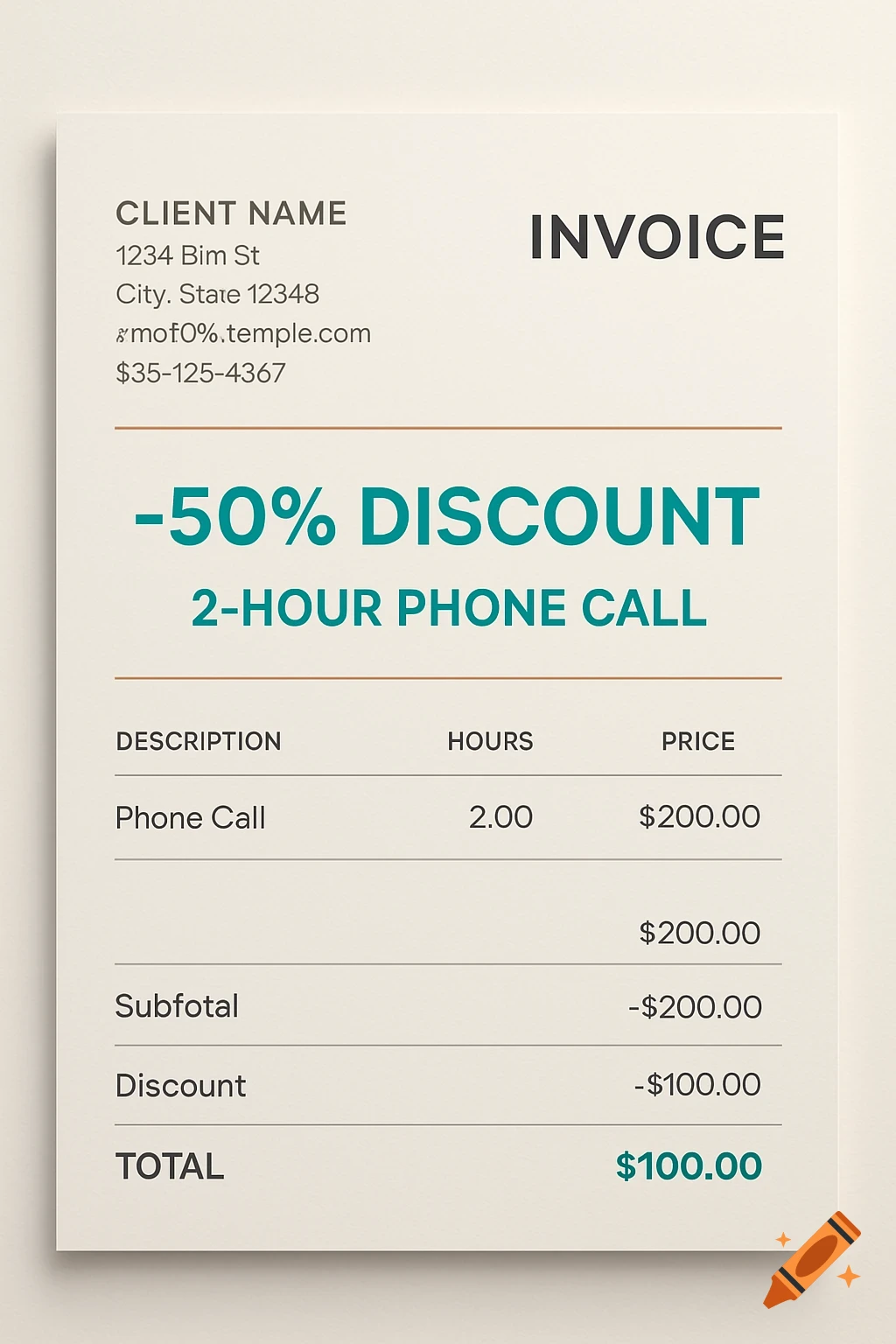 An invoice showing a 50% discount on a 2-hour phone call, with a total of $100.00.