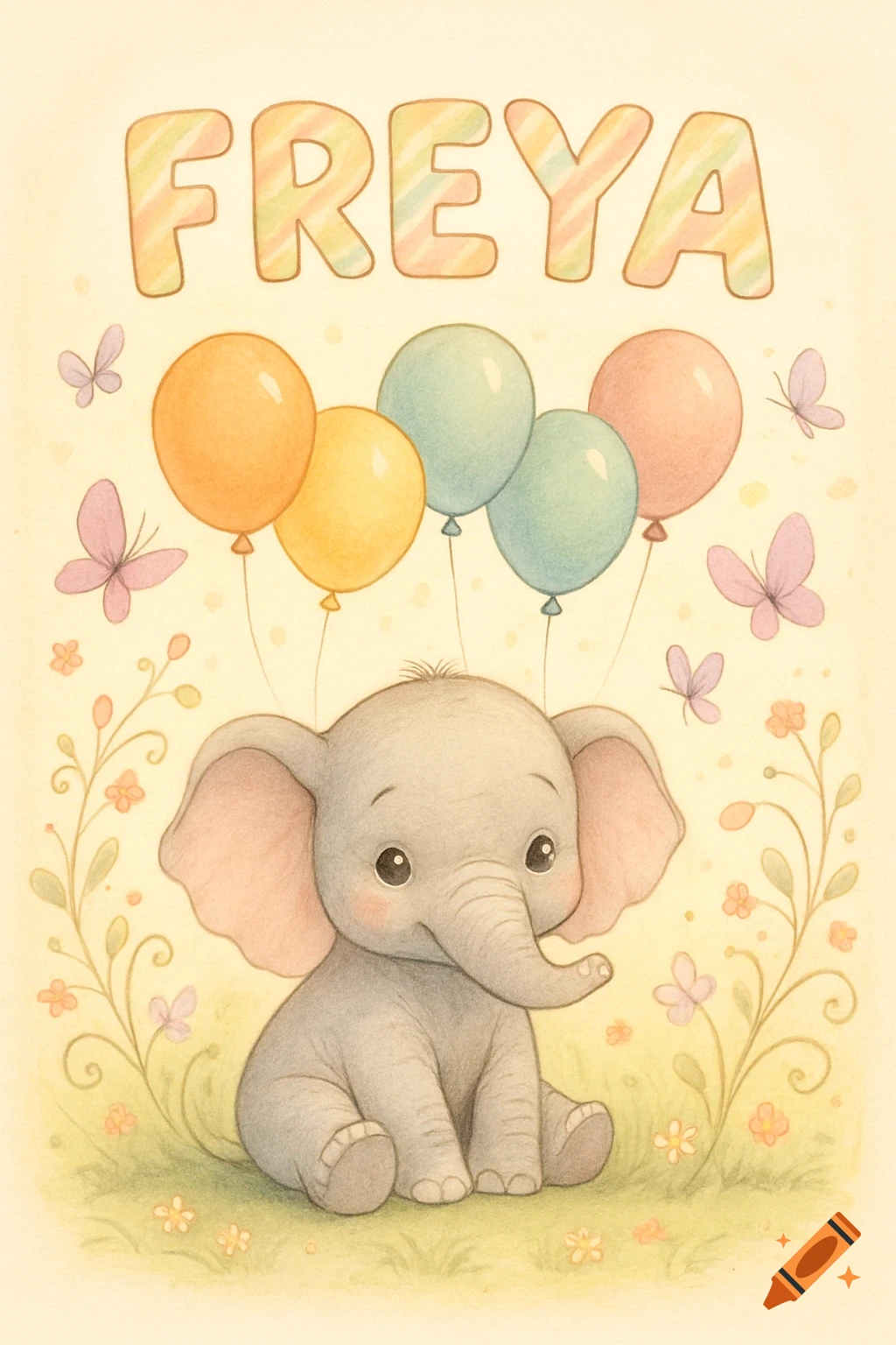 A cute baby elephant with balloons and butterflies, with the name 'FREYA' at the top, in a whimsical watercolor style.