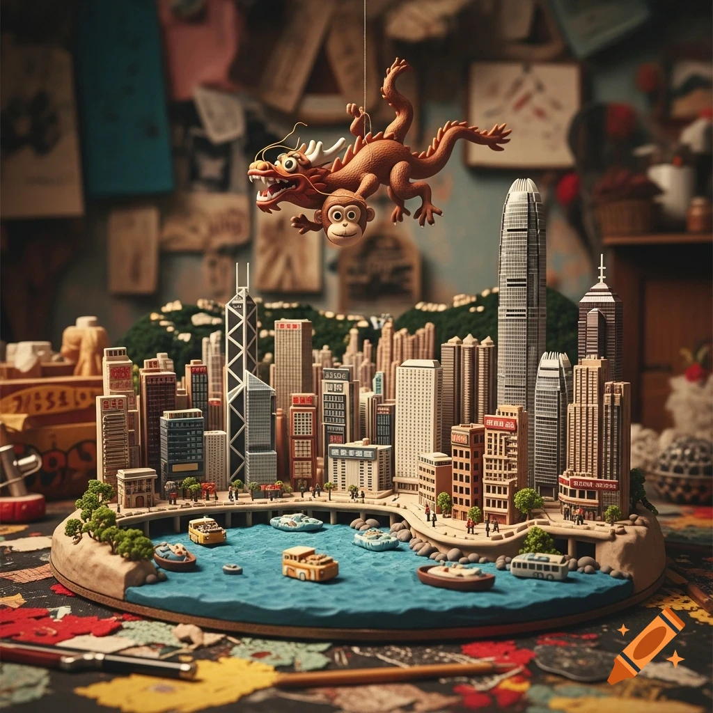 A detailed clay diorama of Hong Kong city, featuring skyscrapers, water with boats, and a dragon-monkey hanging overhead.