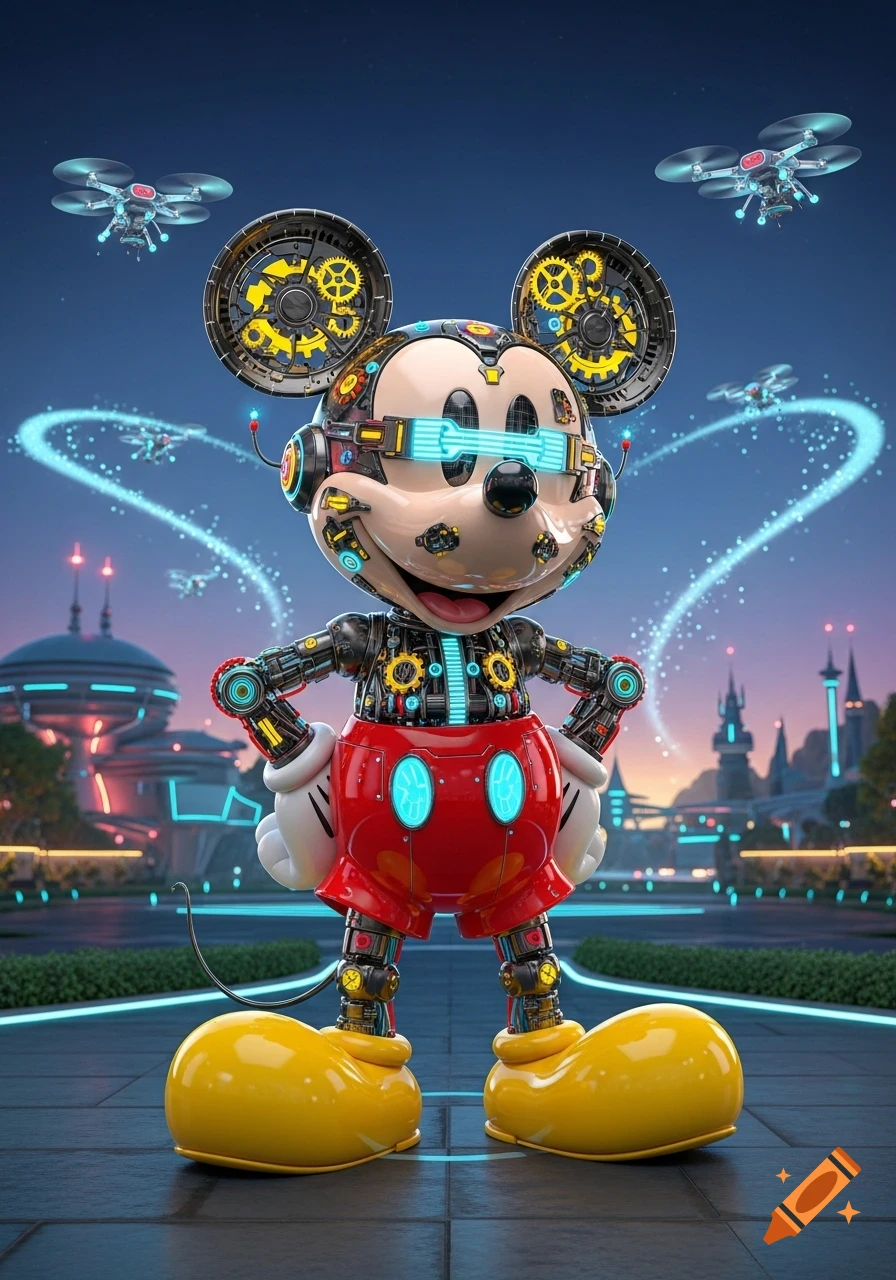 A detailed robotic Mickey Mouse with a glowing blue visor and visible gears stands in a futuristic city with drones flying.