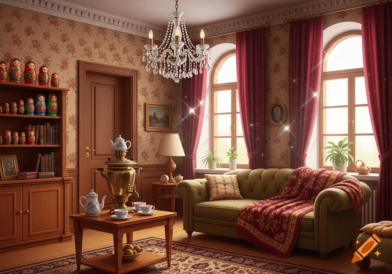 A traditional Russian living room with a chandelier, samovar, matryoshka dolls, green sofa, and floral wallpaper.