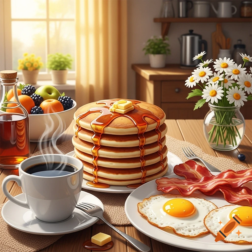 A vibrant morning scene with a stack of pancakes, bacon, fried eggs, fresh fruit, coffee, and a vase of daisies on a wooden table.