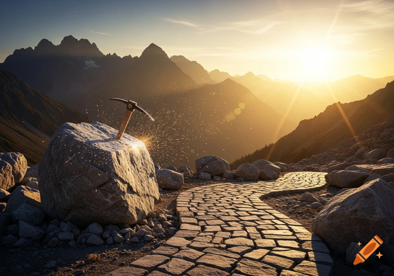 A photorealistic mountain landscape at sunset, with a pickaxe striking a large rock on a stone path, sending sparks flying.