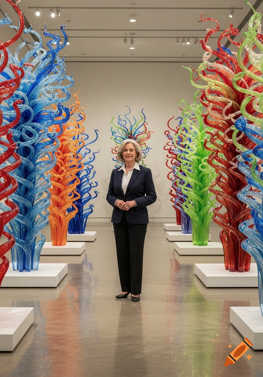 A woman in a dark suit stands centrally in an art gallery, surrounded by tall, colorful glass sculptures.