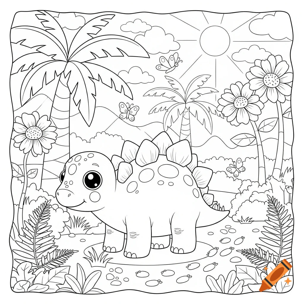 A cute cartoon dinosaur coloring page showing a stegosaurus-like creature in a jungle with palm trees, flowers, and butterflies.