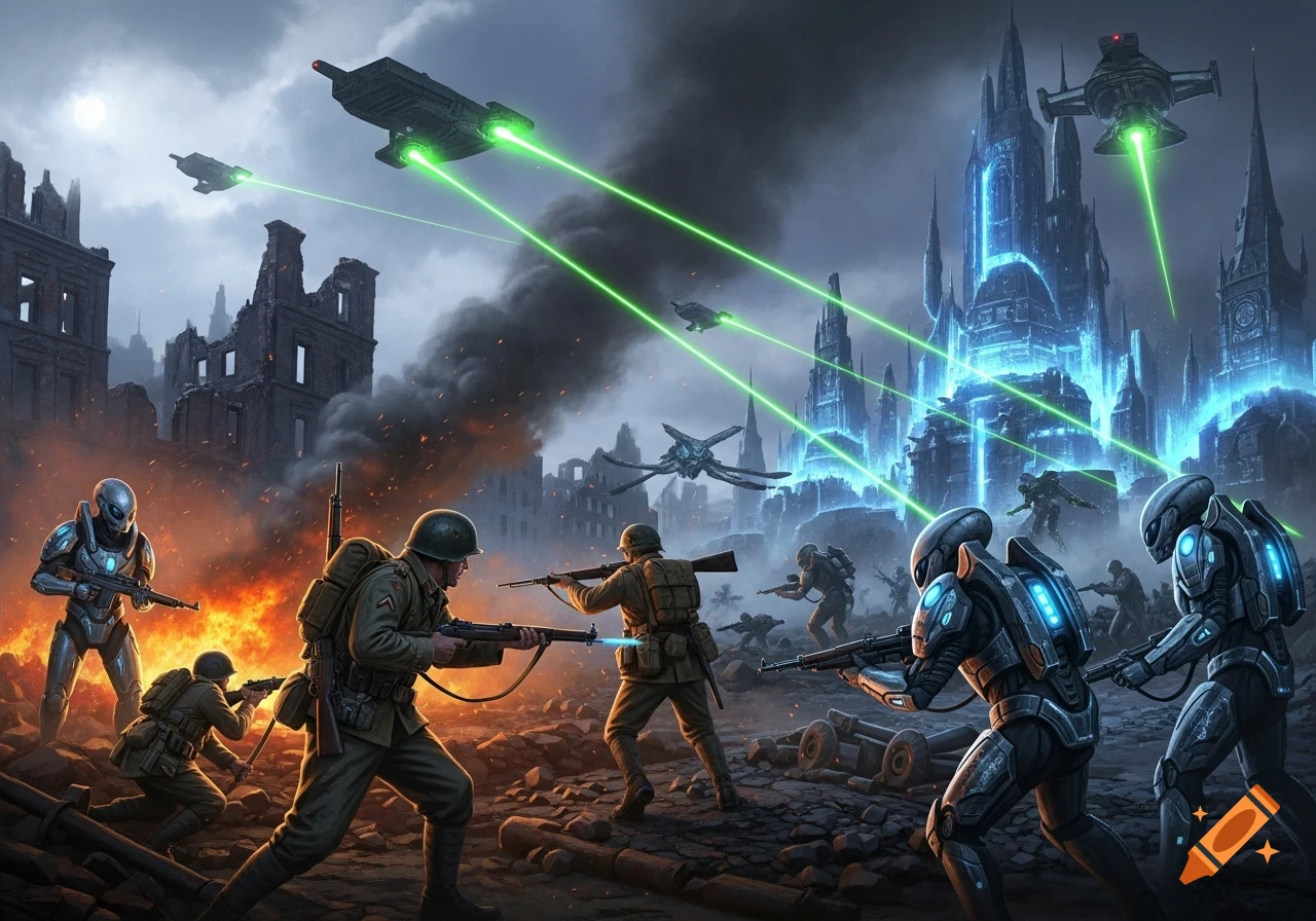 Human soldiers and alien invaders engage in a chaotic battle amidst ruined buildings and a glowing futuristic city under a cloudy sky.