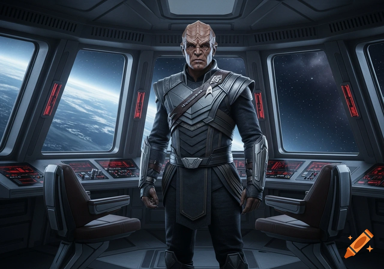 Photorealistic image of a formidable alien in futuristic armor standing on a spaceship bridge, with Earth and stars visible through the windows.