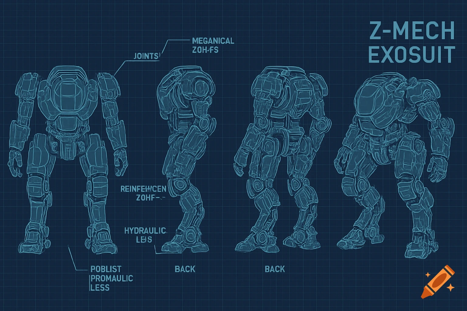 A blueprint-style technical drawing of a Z-Mech exosuit showing front, side, back, and three-quarter views with various labels against a dark blue grid background.