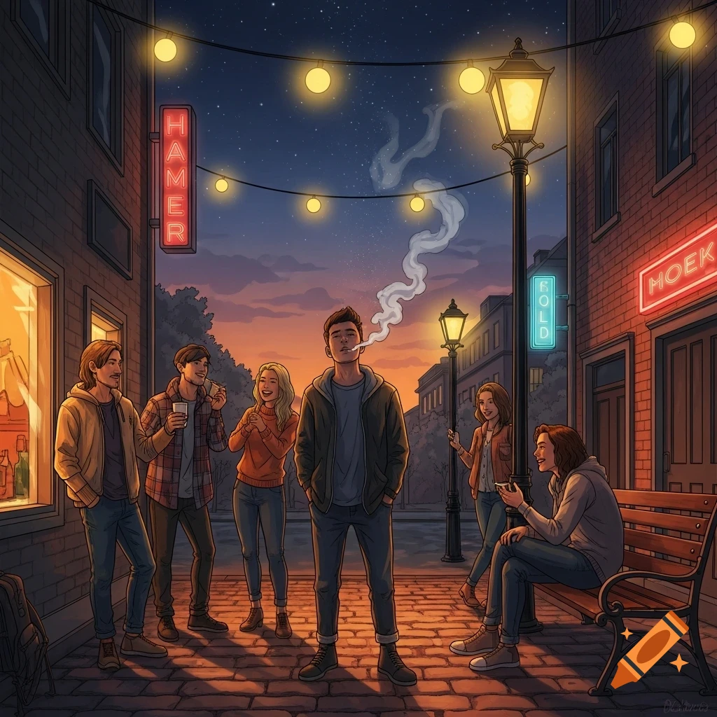An illustrative scene of friends socializing on a cobblestone street at night, illuminated by string lights and neon signs, with one person smoking.