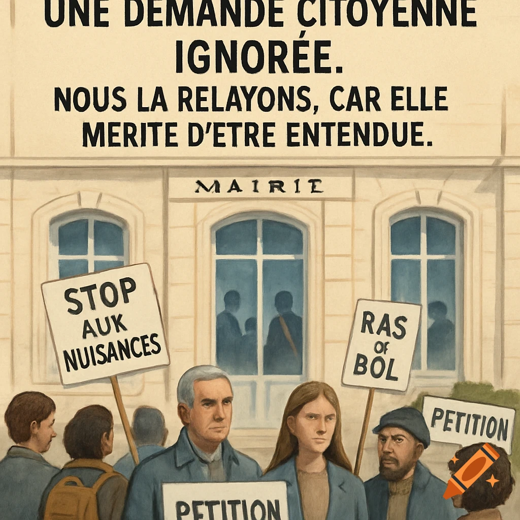An illustration of citizens protesting with signs in front of a town hall, where officials are seen as silhouettes turning their backs. Text above reads "An ignored citizen's demand. We relay it, because it deserves to be heard."