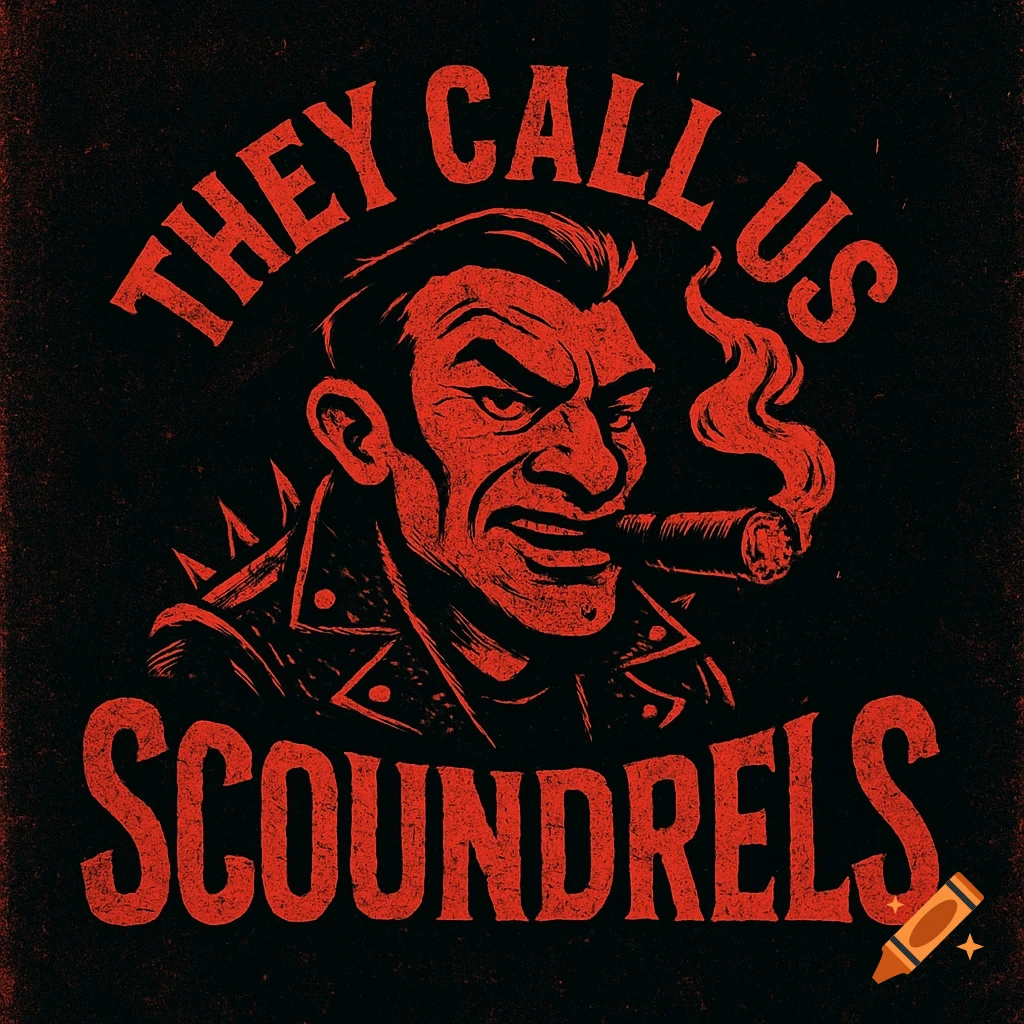 A red and black distressed rock band logo featuring a menacing man in a spiked jacket smoking a cigar, with the text "THEY CALL US SCOUNDRELS".