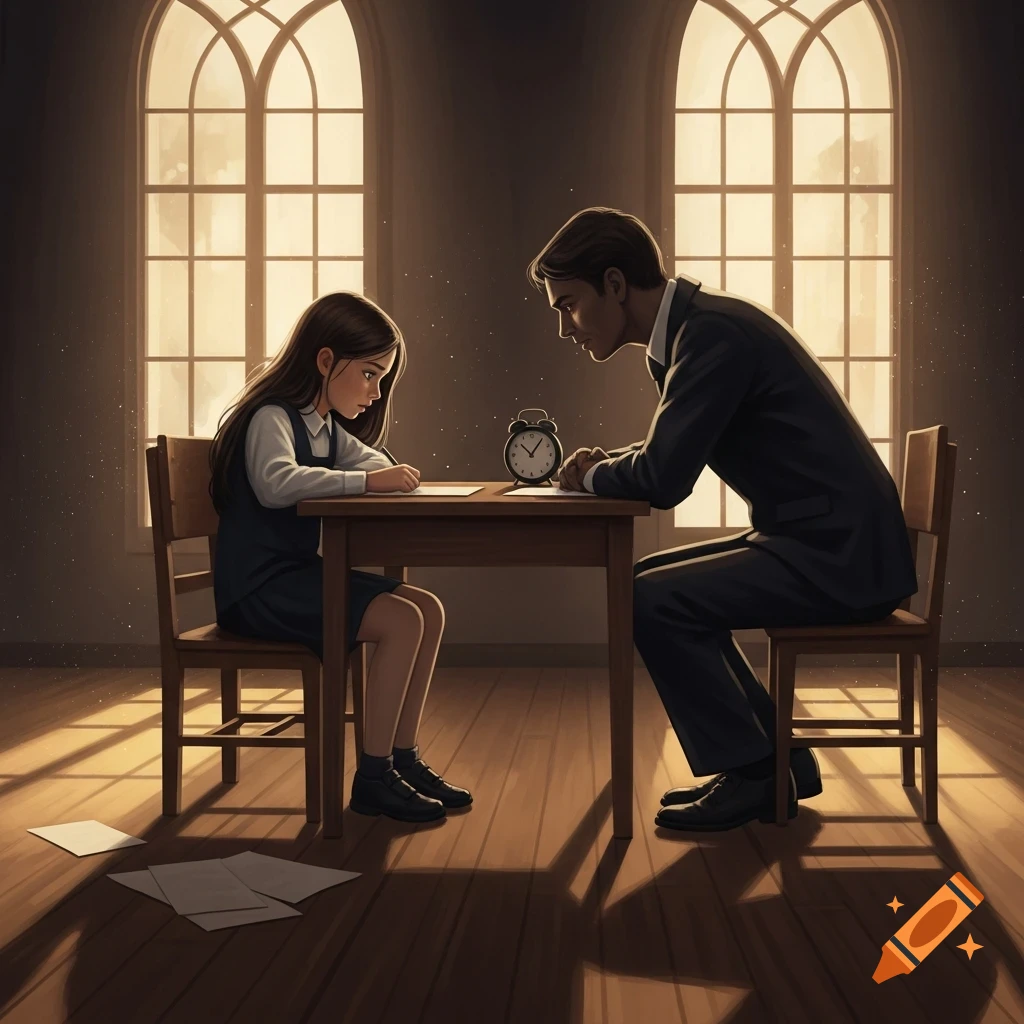 A young girl takes a test at a wooden table, observed by a man, in a dimly lit room with large arched windows.