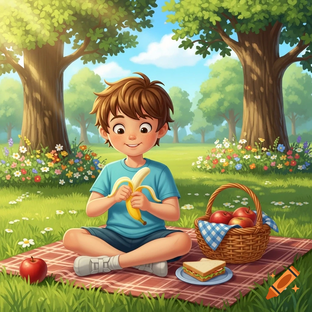 A smiling boy in an illustration peels a banana while sitting on a red picnic blanket in a sunny park with trees and wildflowers.