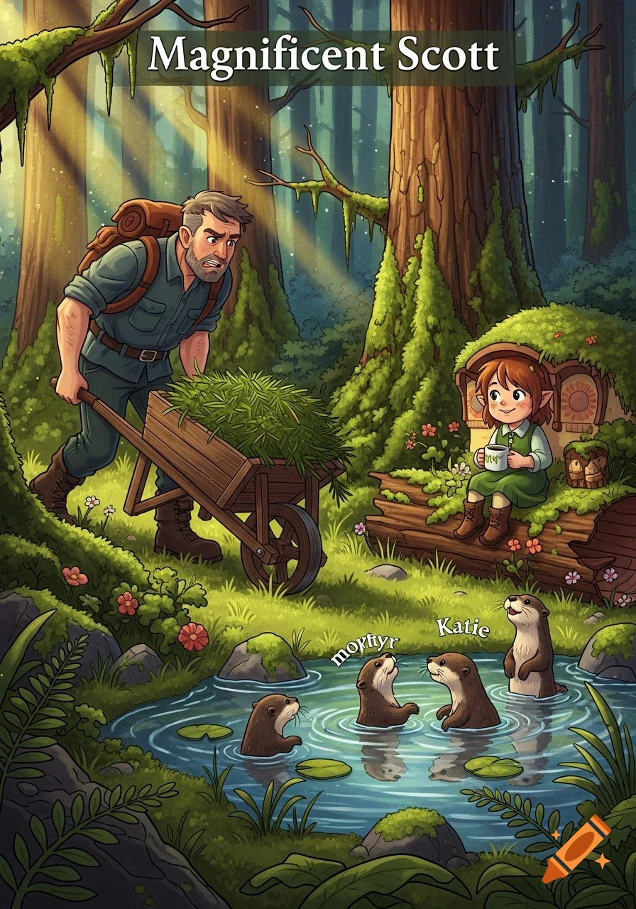 A frustrated man pushes a wheelbarrow of greenery through a forest, while a hobbit sips from a mug on a log, watching playful otters in a pond. Whimsical storybook style.