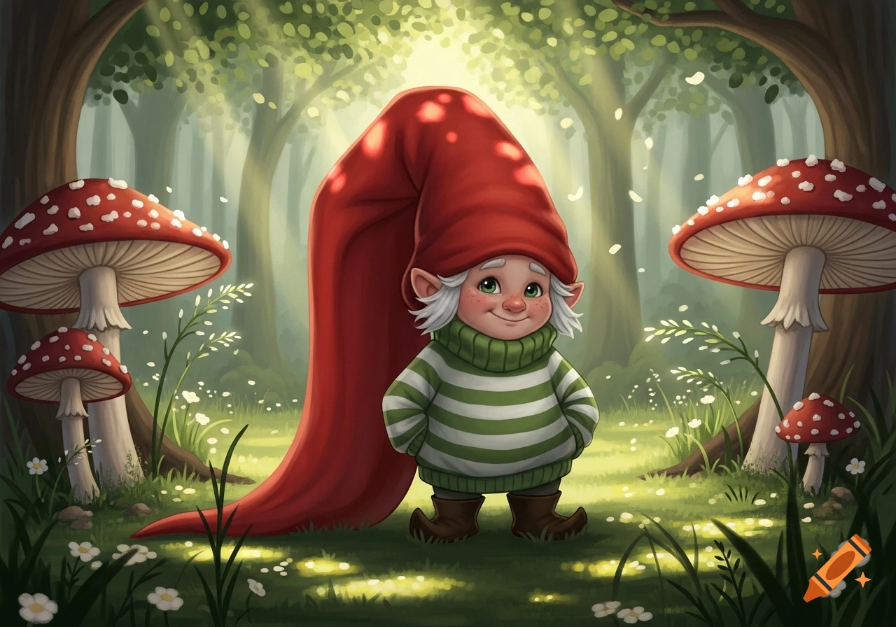 A cute gnome with a long red hat and striped sweater stands in a magical forest with glowing mushrooms and tiny flowers.