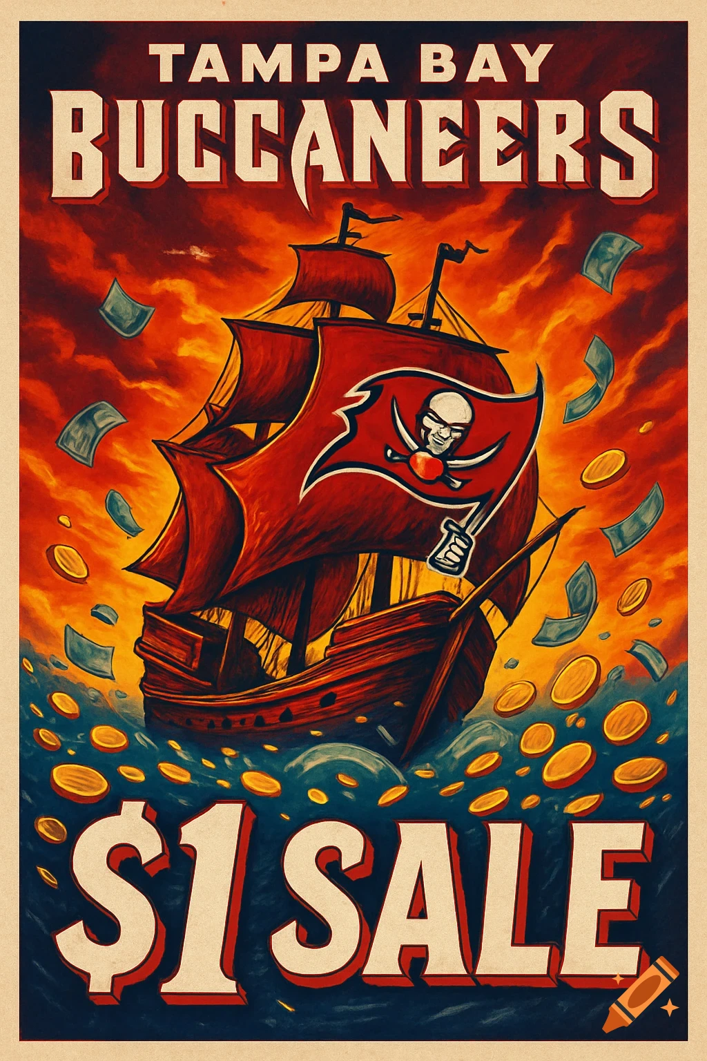 Vintage poster for Tampa Bay Buccaneers. A pirate ship sails on money under a fiery sky, with 'TAMPA BAY BUCCANEERS $1 SALE' text.