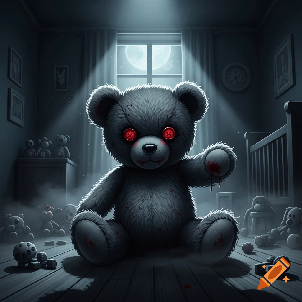 A dark, eerie image of a scary, blood-stained teddy bear with red button eyes sitting in a dimly lit nursery.