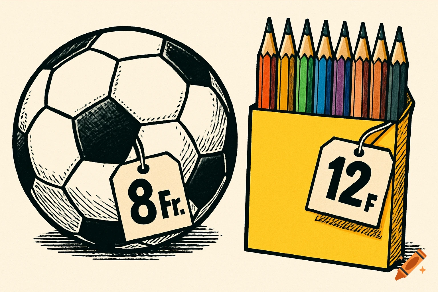 A comic-style illustration of a soccer ball with an '8 Fr.' price tag and a box of colored pencils with a '12 Fr.' price tag.