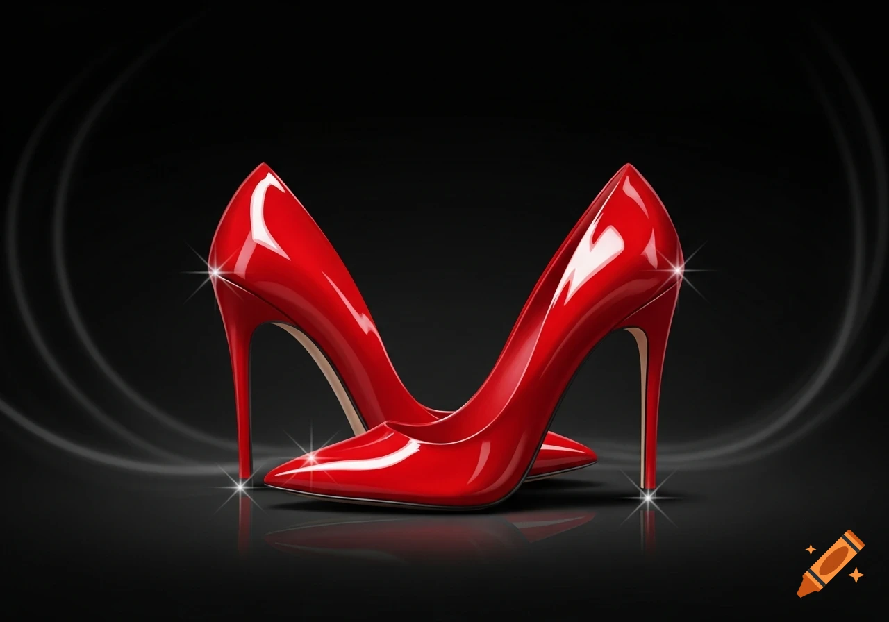 Two shiny red high-heeled shoes on a reflective black background with subtle grey rings.