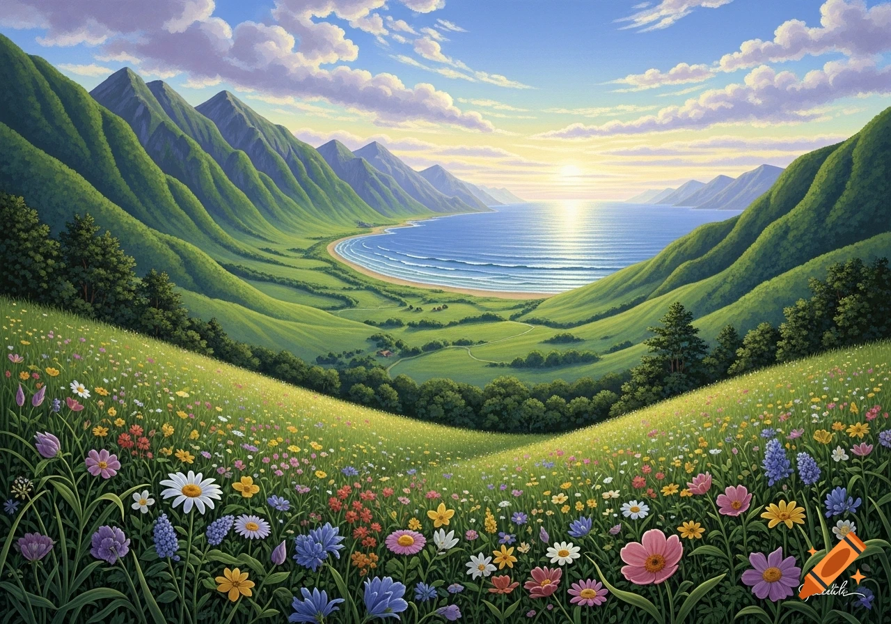 A vibrant, lush valley leading to a serene bay with mountains under a bright sky, foreground filled with colorful wildflowers.
