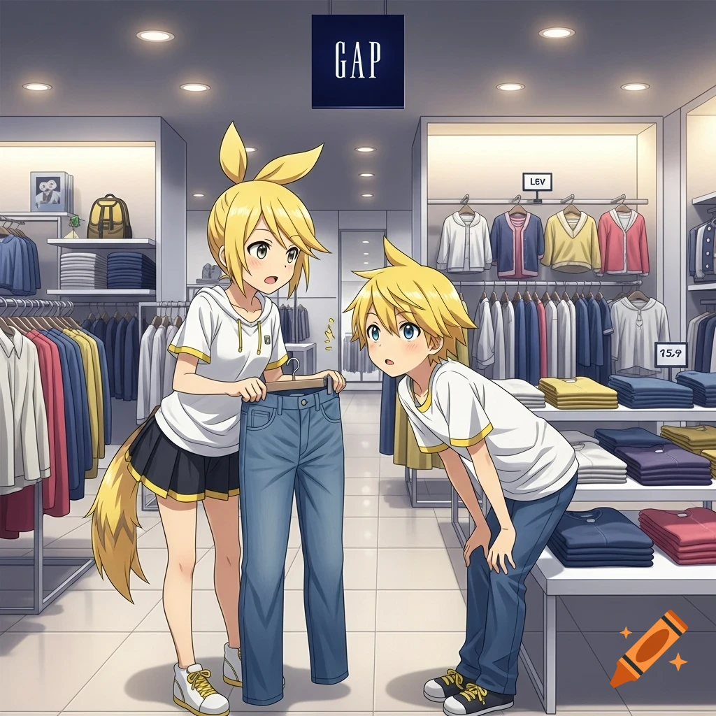 Anime girl with a tail holding up blue jeans for an anime boy in a GAP clothing store.