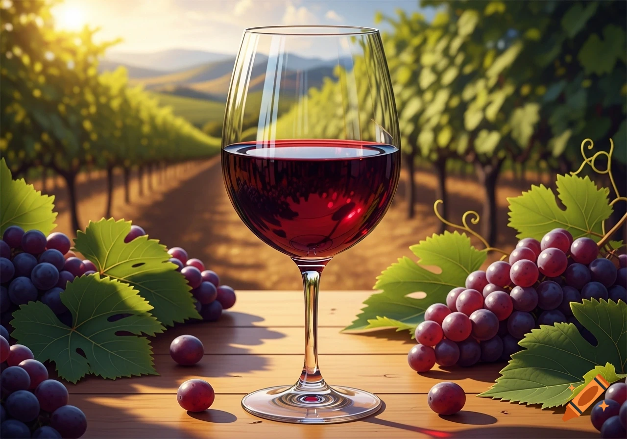 A glass of red wine on a wooden table with bunches of grapes, set against a sunlit vineyard.