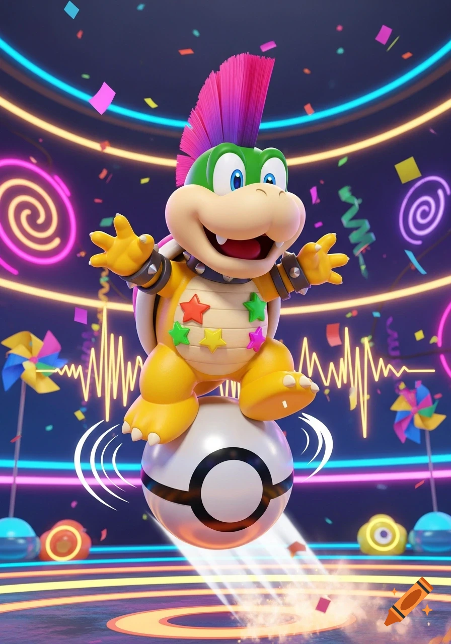 3D rendering of cheerful Lemmy Koopa from Mario balancing on a Poke Ball in a vibrant party setting with neon lights.