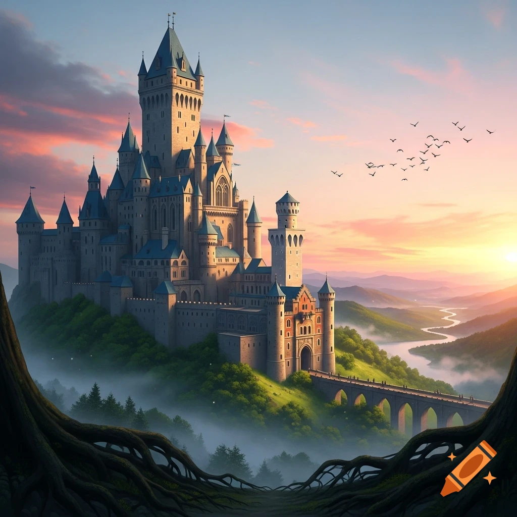 A grand fantasy castle on a misty green hill at sunset, with a winding river and mountains in the background, framed by dark tree roots.