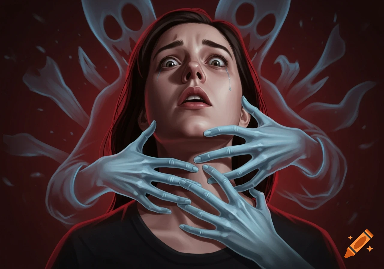 A terrified woman with spectral blue hands clutching her neck and body, against a red background with ghostly figures.