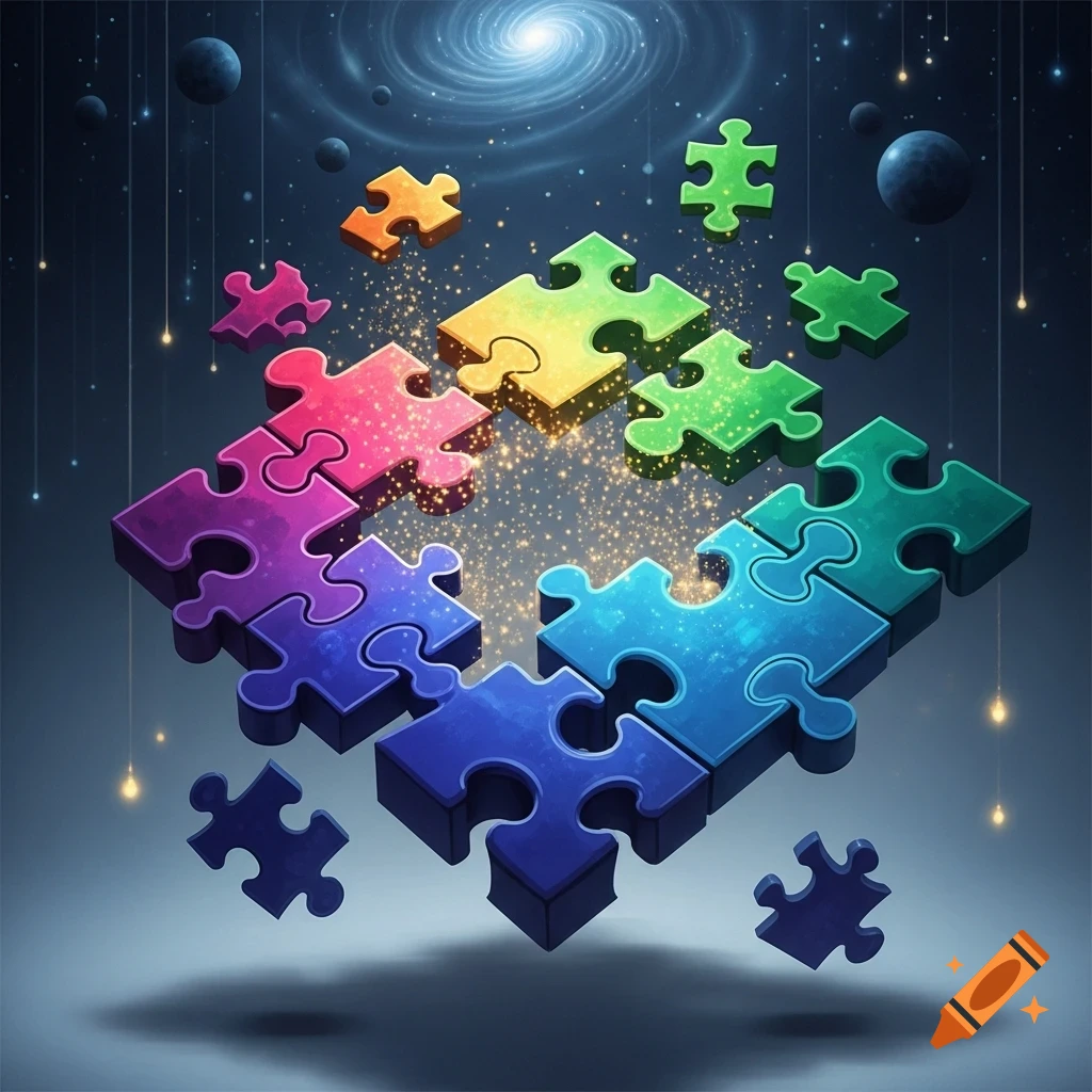 Colorful puzzle pieces, some connected and some floating, against a dark blue cosmic background with stars, planets, and a galaxy.