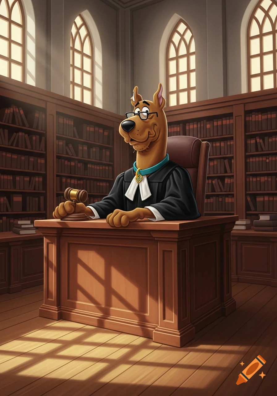 Scooby Doo, wearing a black judge's robe and glasses, sits at a wooden desk with a gavel in a stately library courtroom.