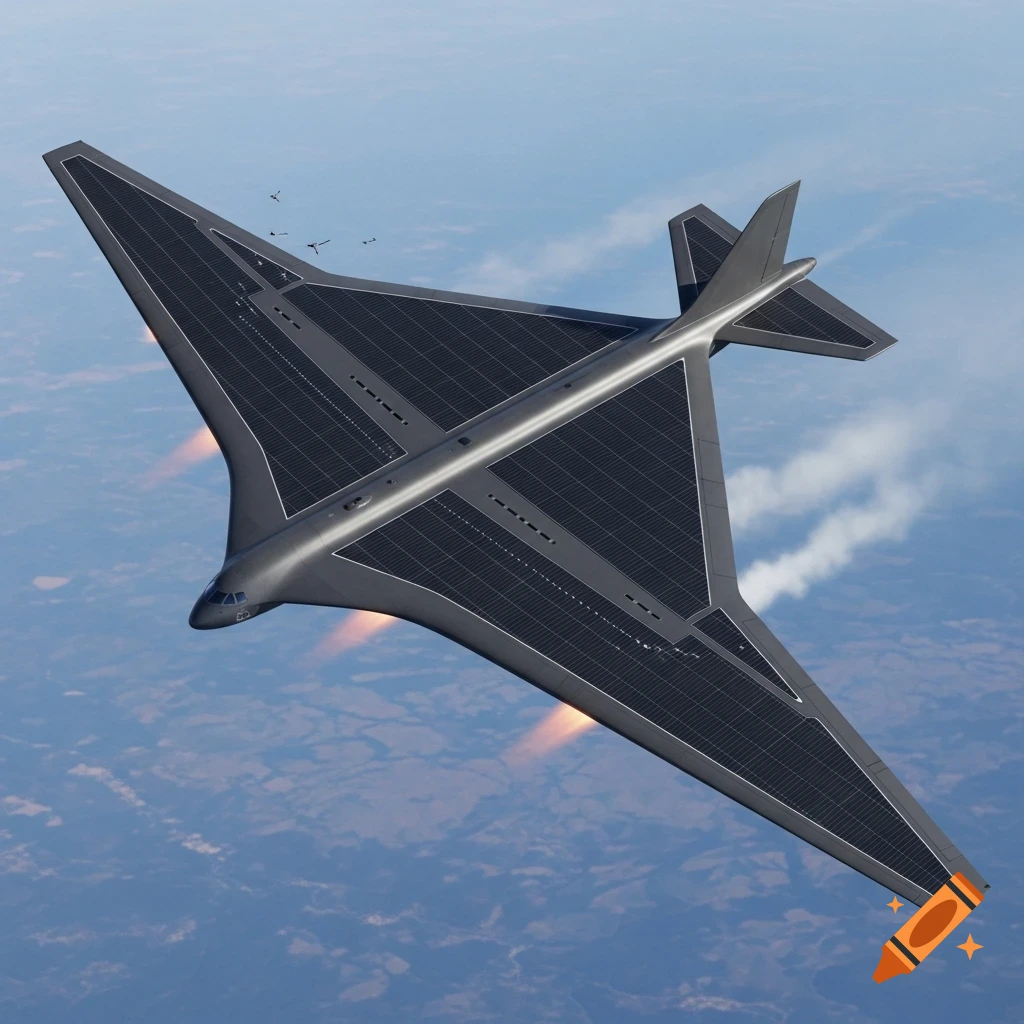A large, arrow-shaped, dark gray stealth aircraft with solar panels flies high in a blue sky, showing engine glow and contrails.