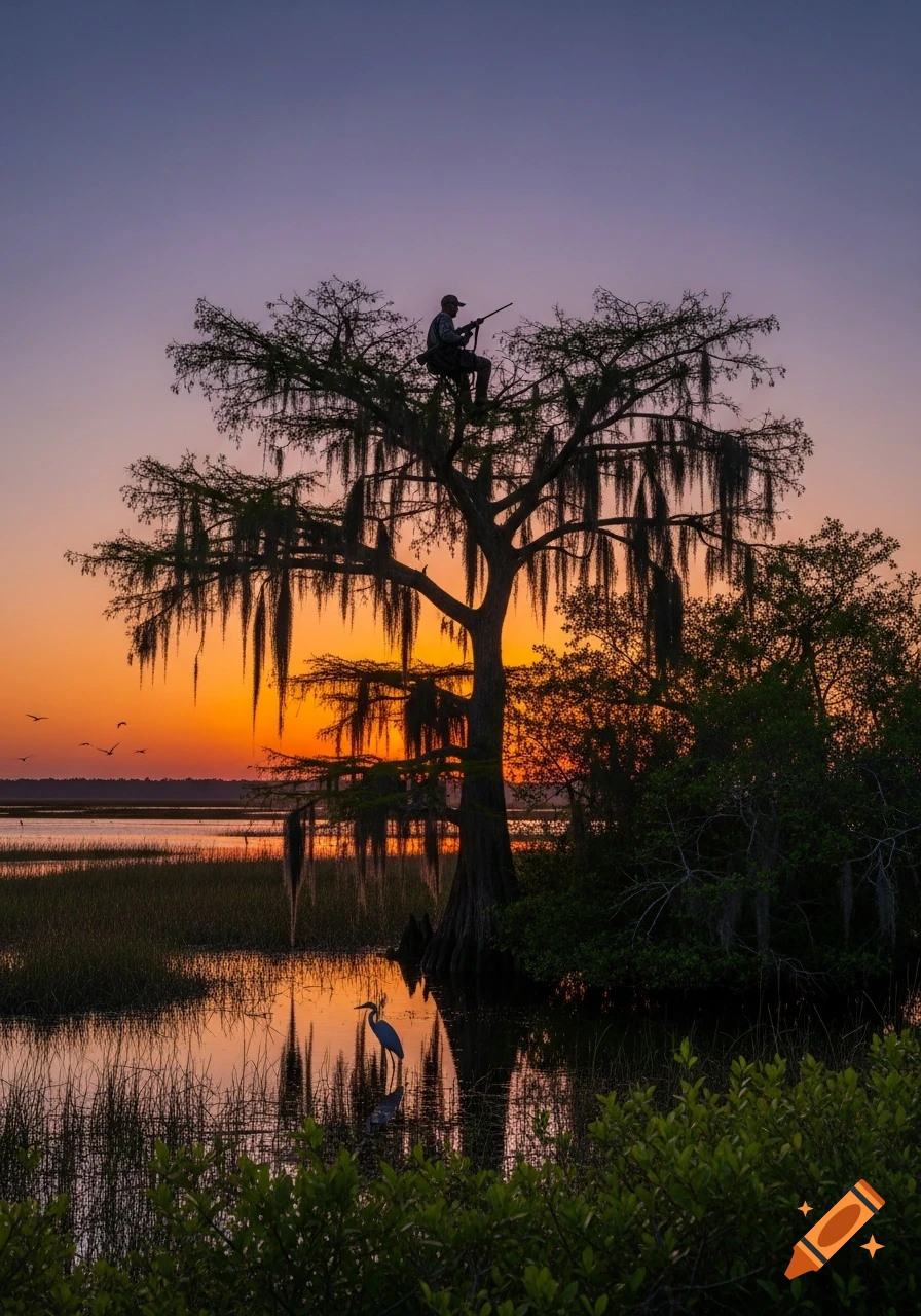 Silhouette of a hunter in a cypress tree at sunset over a wetland, with a great blue heron standing in the water.