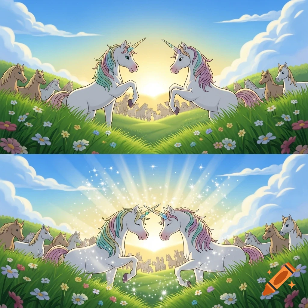 Cartoon image of two scenes. Top: two unicorns with colorful manes face each other in a flower-filled meadow at sunrise. Bottom: the two unicorns touch noses surrounded by sparkling magic.