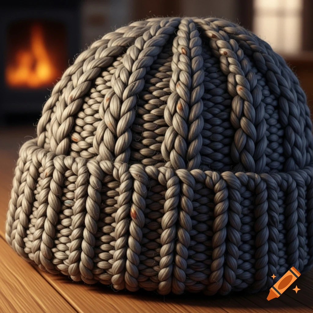 Photorealistic gray knitted beanie with prominent texture on a wooden surface, blurred fireplace in background.