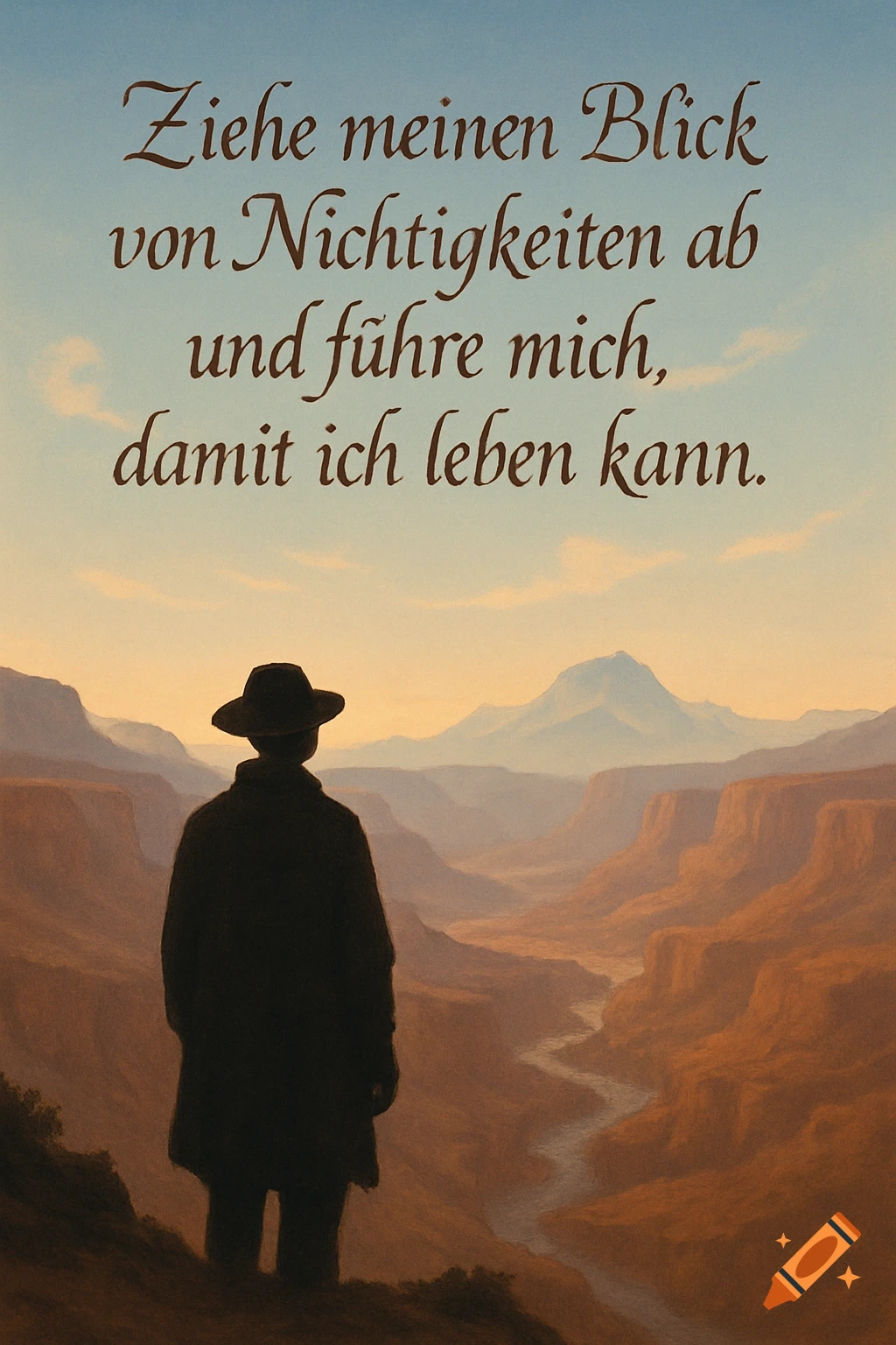 A person in a hat and coat stands on a cliff overlooking a vast desert canyon with a winding river, beneath an inspirational German quote.