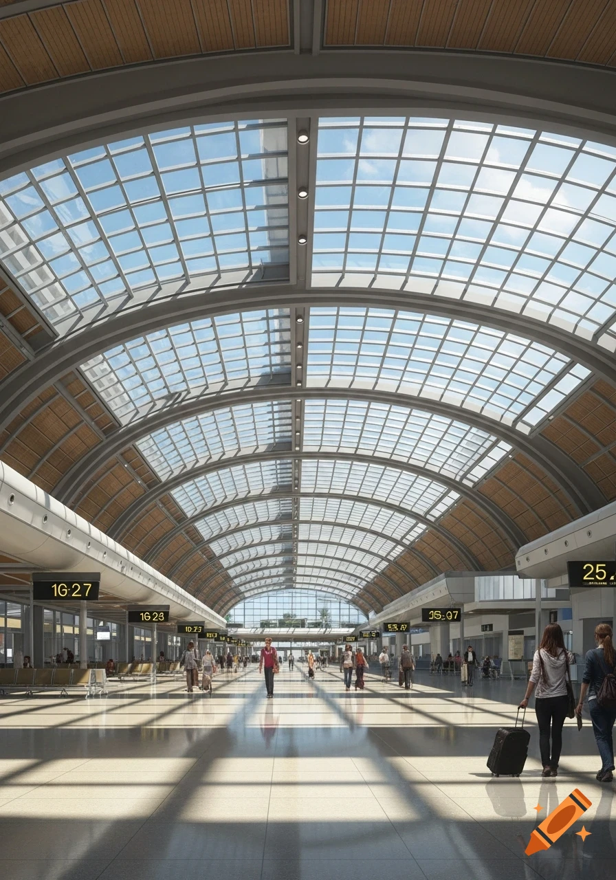 Photorealistic view of a modern airport terminal with a glass arched roof, people, and digital signs.
