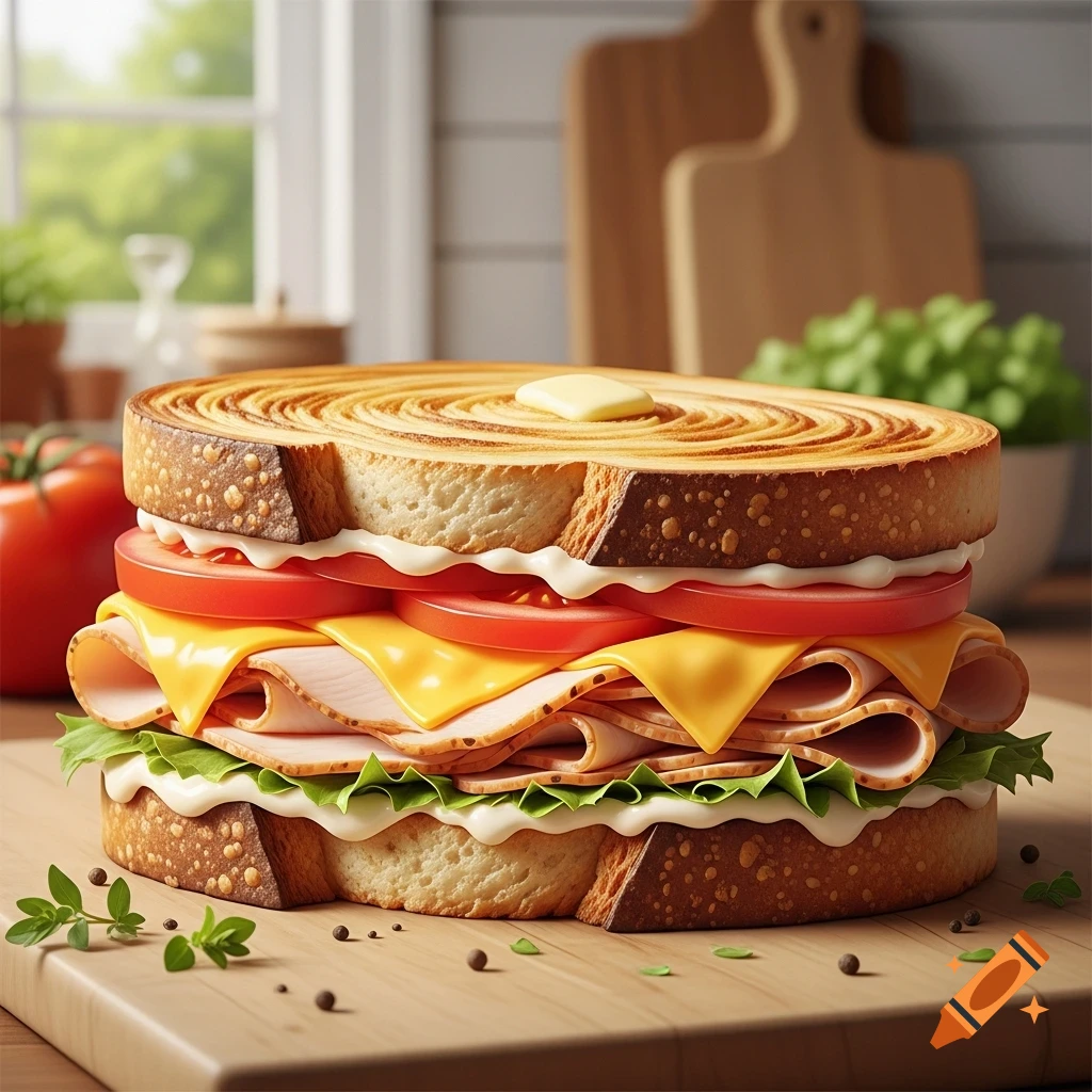 A photorealistic grilled sourdough sandwich with mayo, butter, turkey, cheddar cheese, tomatoes, and lettuce on a wooden cutting board.