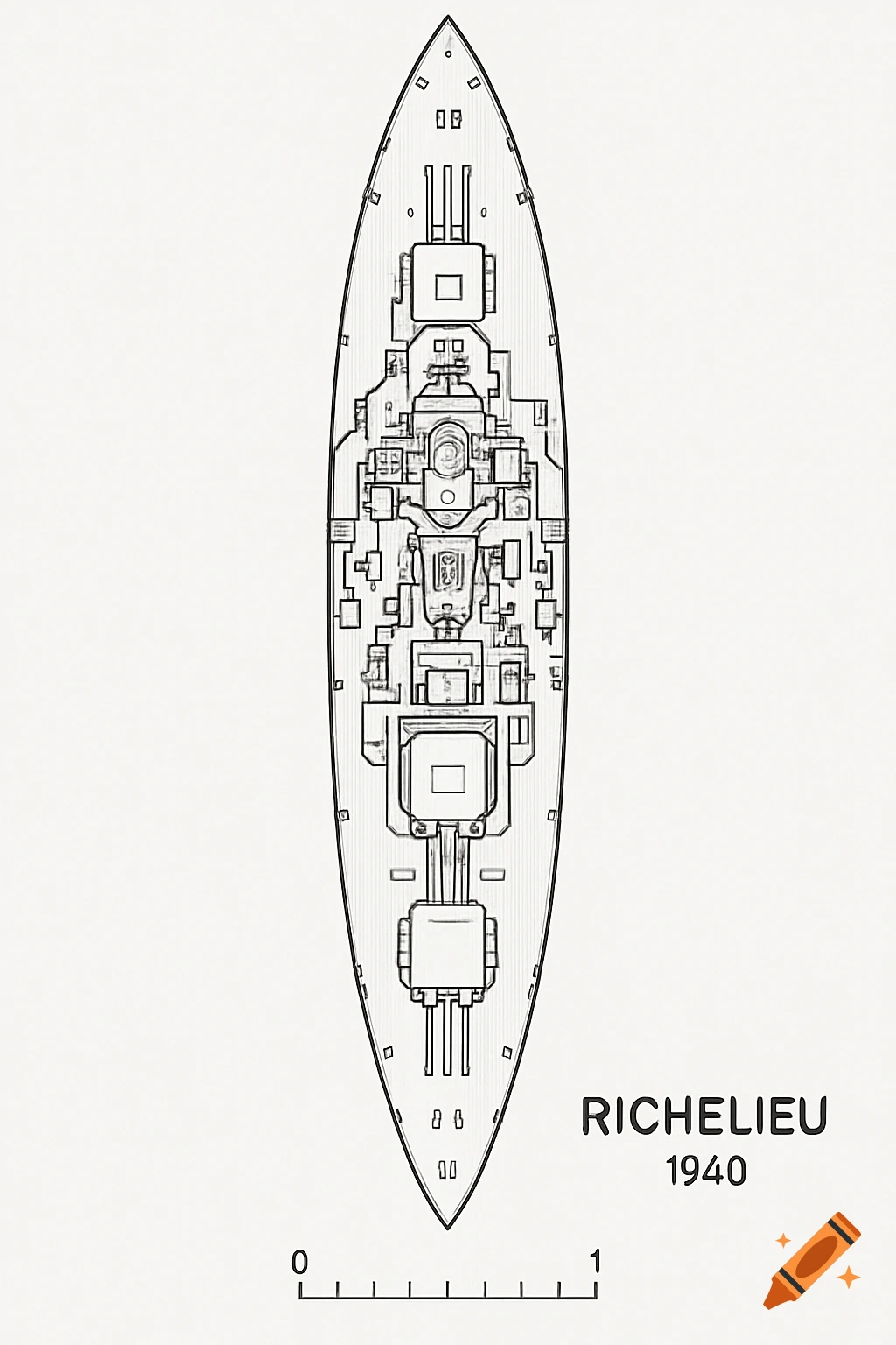 Top-down schematic view of a 1940 Richelieu battleship in clean black-and-white line art style with a scale ruler.