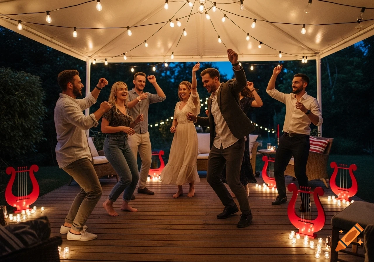 A group of friends dances joyfully under string lights and a canopy at an evening outdoor party, with red lyre decorations.