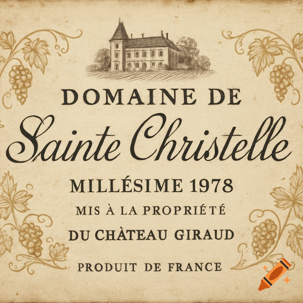 A vintage-style wine label on textured paper with an illustration of a chateau, grapevines, and text in French including "DOMAINE DE Sainte Christelle MILLÉSIME 1978".