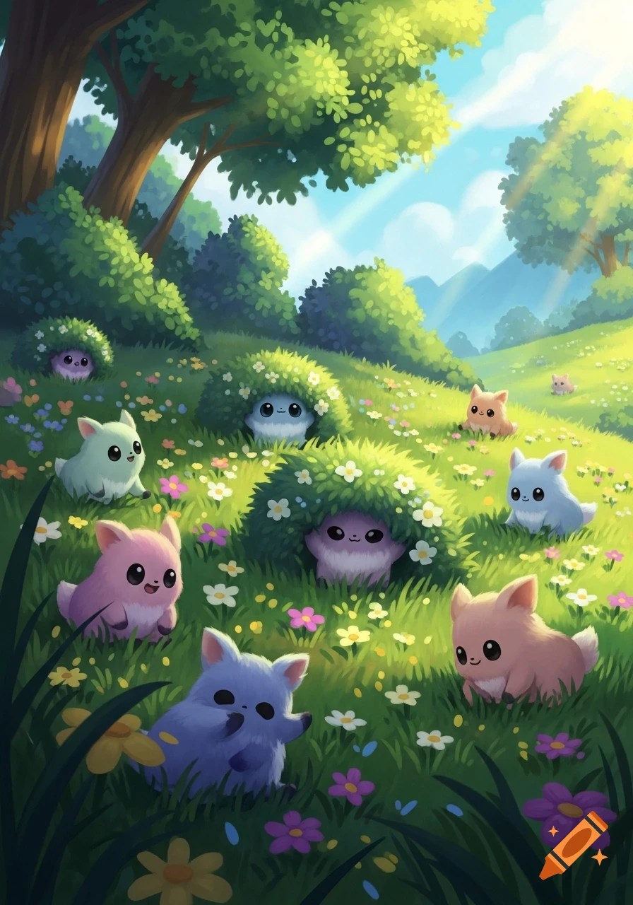 Cute, fluffy, colorful creatures play hide and seek on a sunny, green hillside with flowers and trees, in a whimsical cartoon style.