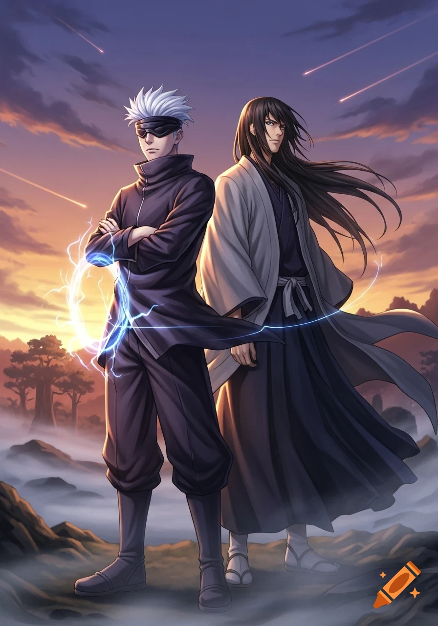 Anime illustration of Gojo Satoru with a blue aura and Geto Suguru standing back-to-back at sunset with meteors in the sky.